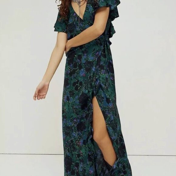 Free People Josephine Maxi Wrap Dress Green Floral Medium 100% Silk size large - Picture 1 of 5